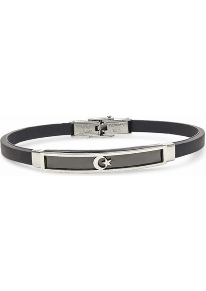 Erkek Ay Yıldız Silikon Kordonlu Çelik Bileklik