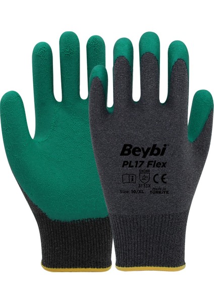 PL17 Flex Likralı Ipten Örme Lateks Eldiven Yeşil No:10