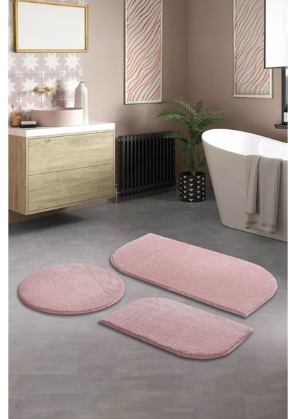 Pembe Cloudy Banyo Takımı 3'lü Dekoratif Peluş Kaymaz Taban Yıkanabilir. (60X100-40X60-60X60)