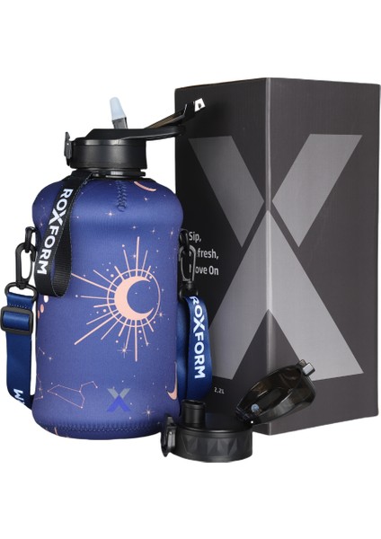 Suluk Matara 2200 Ml, Premium Pp Malzeme, Sağlıklı Bpa & Bps Içermez, Kılıflı, Çift Kapaklı, Koku Yapmaz, Sızdırmaz ve Dayanıklı, Lacivert Ay Kılıf, Siyah