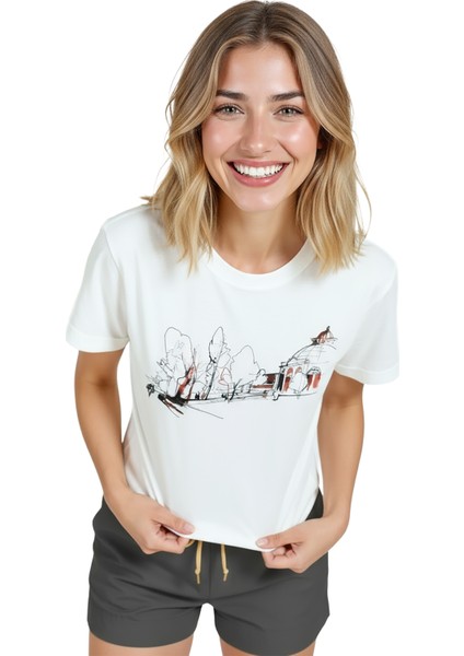 Kadın Beyaz Relaxed Fit %100 Pamuk Tişört – Minimal Park Eskiz ve Pavilion Illüstrasyonu modelleri