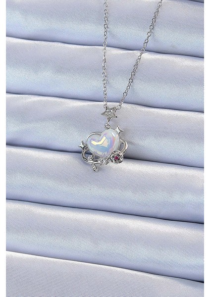 316L Çelik Zincir Gümüş Renk Zirkon Taşlı Gezegen Görünümlü Kalp Kolye - Lisinya