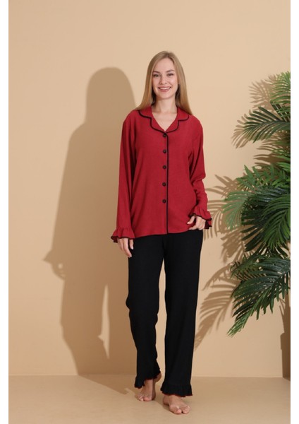 Bürümcük Kumaş Önden Düğmeli Uzun Kollu Kadın Pijama Takımı 6004