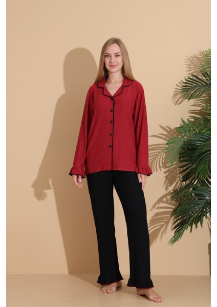 Bürümcük Kumaş Önden Düğmeli Uzun Kollu Kadın Pijama Takımı 6004 fiyatları