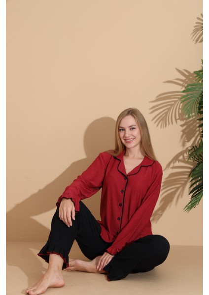 Bürümcük Kumaş Önden Düğmeli Uzun Kollu Kadın Pijama Takımı 6004 fırsatları