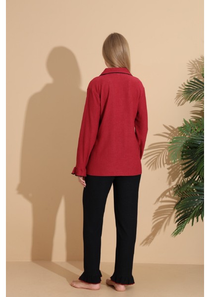 Bürümcük Kumaş Önden Düğmeli Uzun Kollu Kadın Pijama Takımı 6004 indirimleri