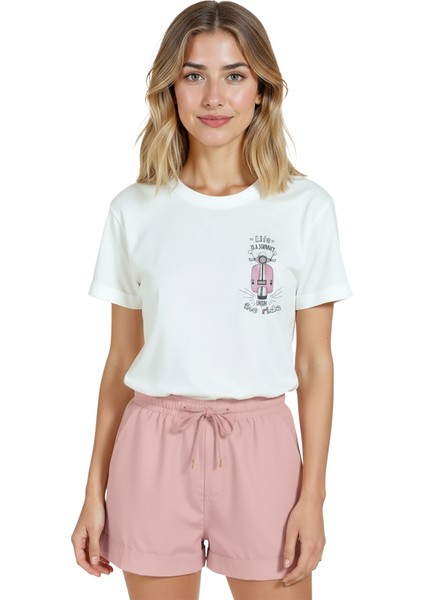 Kadın Beyaz Relaxed Fit %100 Pamuk Tişört – Pembe Vespa & “enjoy The Ride” Baskılı
