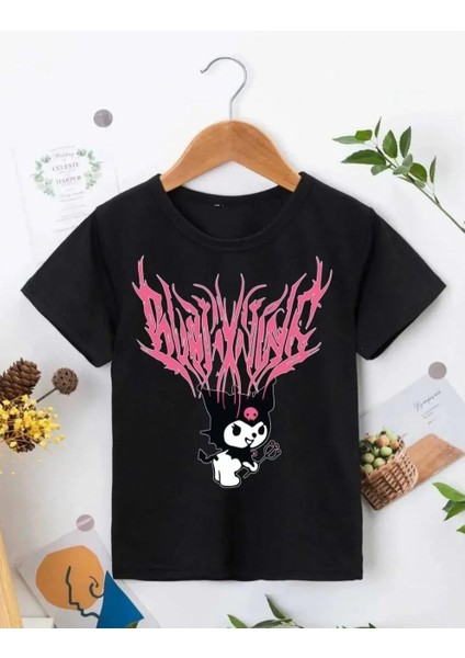 Kız Çocuk Bisiklet Yaka Baskılı T-Shirt - Siyah