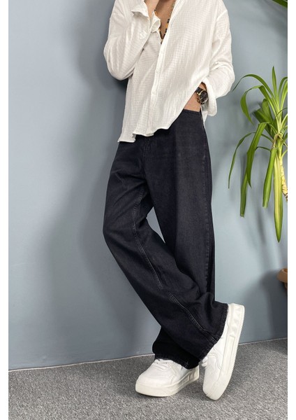 Taşlanmış Baggy Kalıp Jean - Kot Pantolon Siyah-Lacivert fırsatları