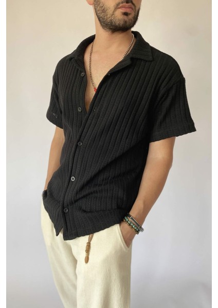 Jakarlı Pamuklu Oversize Triko Örgü Kısa Kollu Siyah Gömlek