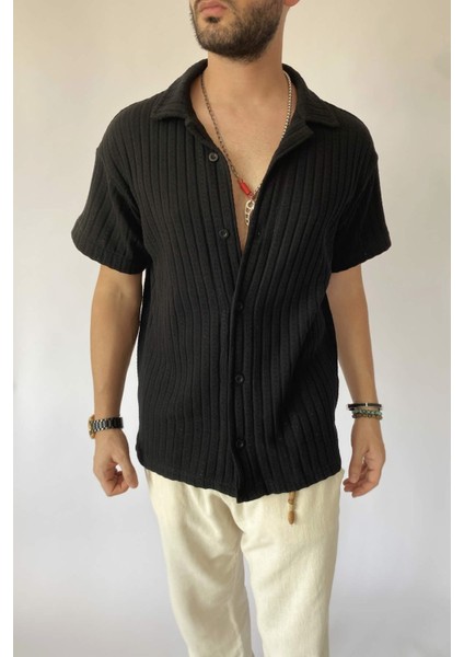 Jakarlı Pamuklu Oversize Triko Örgü Kısa Kollu Siyah Gömlek fiyatları