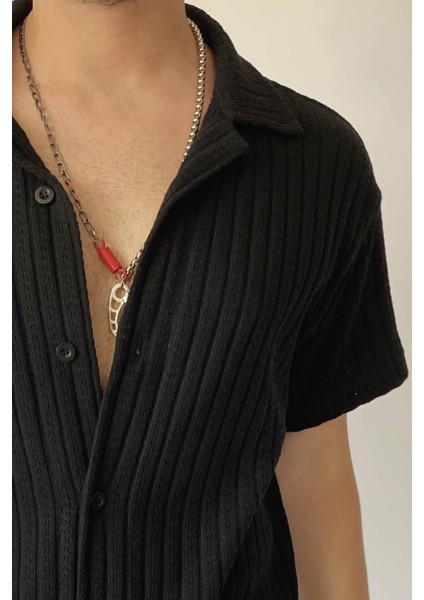 Jakarlı Pamuklu Oversize Triko Örgü Kısa Kollu Siyah Gömlek modelleri