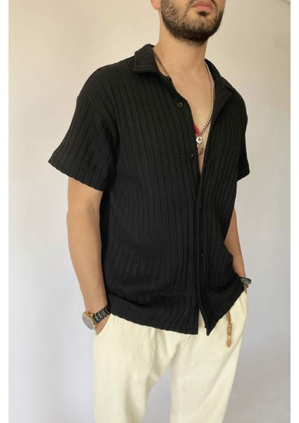 Jakarlı Pamuklu Oversize Triko Örgü Kısa Kollu Siyah Gömlek indirimleri