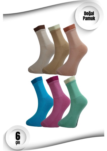 Kadın Spor Çorap 6'lı Set – Çift Lastik | Doğal Pamuk | Havlu Taban | Dikişsiz Çorap