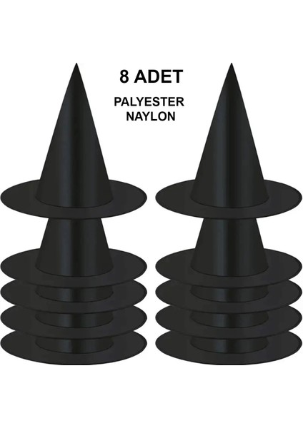 8 Adet Siyah Cadı Şapkası – Yetişkin Çocuk Kostüm Aksesuarı