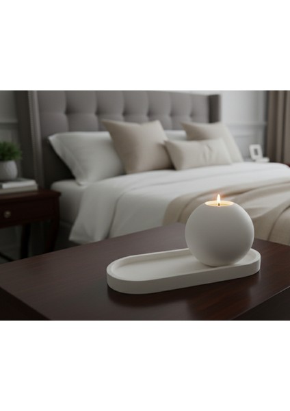 Büyük Boy Beyaz Mumluk ve Dekoratif Tepsi, Hediye Mum, El Yapımı, 25CM Tepsi, 10CM Mumluk,