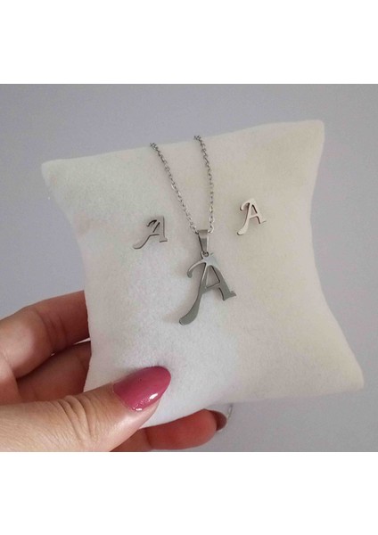 Çelik Silver A Harfli Kolye Küpe Seti