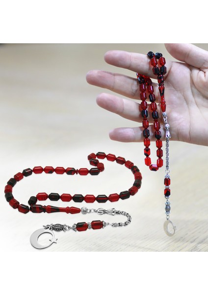 Kararmaz Metal Püsküllü Uçlu Kapsül Isim Yazılı Ayyıldız Plakalı Kırmızı Siyah Ateş Kehribar Tesbih modelleri