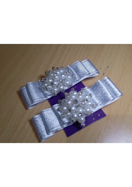 Gümüş Parlak Kurdeleli Inci Taş Detaylı Toka 2´li Set