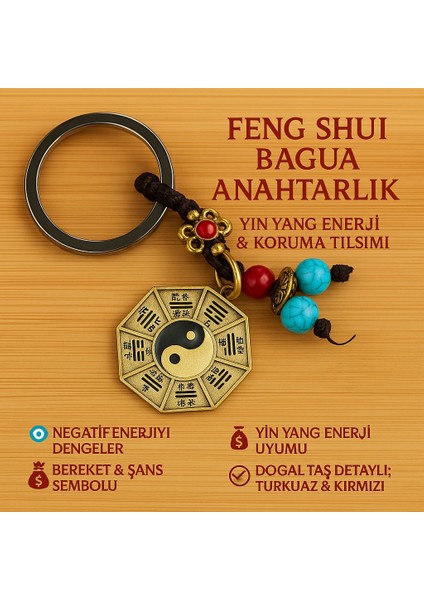 Feng Shui Bagua Anahtarlık | Yin Yang Enerji ve Nazar Koruma Doğal Taşlı Şans Anahtarlığı