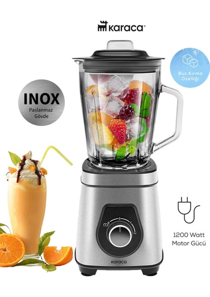 Inox Paslanmaz Gövde Smoothie BLENDER,1200W 1,5 Litre Cam Hazne Yüksek Gücü ile Yüksek Karıştırma ve Parçalama Performansı Sunar