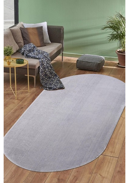 Cloudy Açık Gri Oval Overloklu Peluş Yolluk Yumuşak Yıkanabilir Kaymaz Taban Halı Antre Hol Koridor
