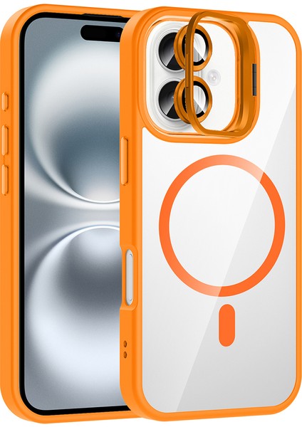 iPhone 17 Kılıf Standlı ve Kamera Lens Hediyeli M-Safe Şarj Özellikli Zore Etro Kapak - Turuncu