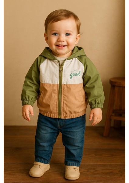 Yeşil Kot Pantolonlu Yağmurluklu Erkek Bebek Üçlü Takım