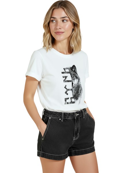 Kadın Beyaz Relaxed Fit %100 Pamuk Tişört – Göktürkçe Türk Yazısı ve Bozkurt Kurt Baskılı fiyatları