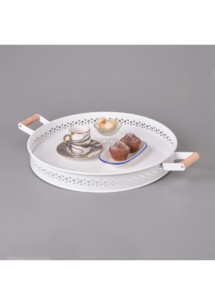 Ahşap Saplı Metal Village Tepsi - 38 cm fiyatları