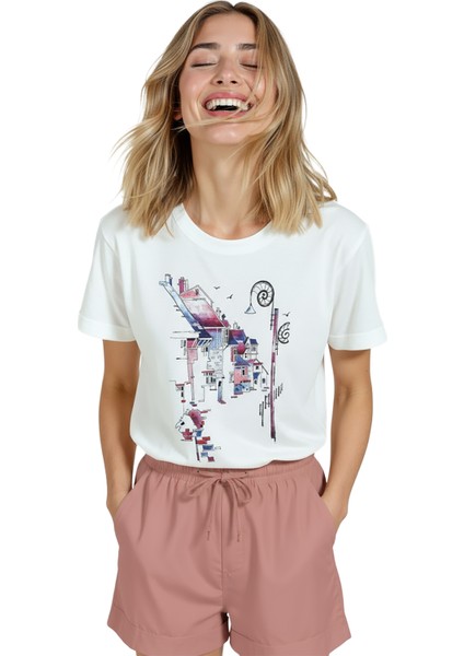 Kadın Beyaz Relaxed Fit %100 Pamuk Tişört – Mimari Kolaj & Sokak Evleri Baskılı indirimleri