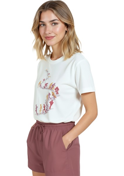 Kadın Beyaz Relaxed Fit %100 Pamuk Tişört – Suluboya Koşu & Bisikletçi Çizgisel Baskılı fiyatları