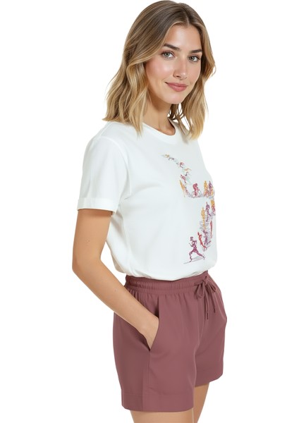 Kadın Beyaz Relaxed Fit %100 Pamuk Tişört – Suluboya Koşu & Bisikletçi Çizgisel Baskılı modelleri