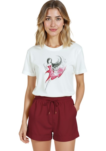 Kadın Beyaz Relaxed Fit %100 Pamuk Tişört – Suluboya Dansçı ve Kırmızı Elbise Baskılı