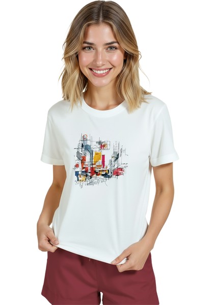 Kadın Beyaz Relaxed Fit %100 Pamuk Tişört – Soyut Şehir Manzarası & Mimari Eskiz Baskılı modelleri