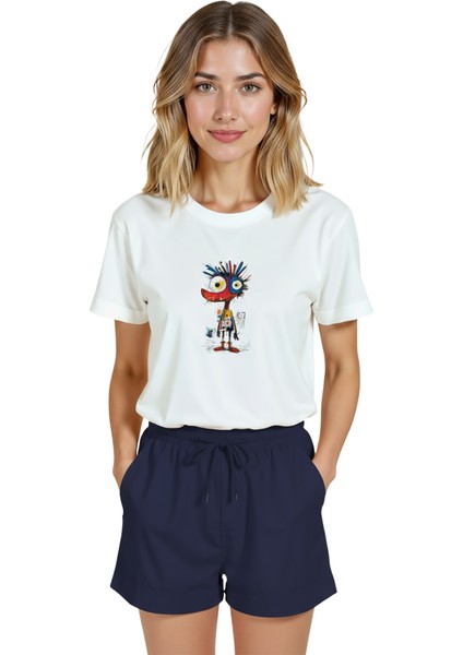 Kadın Beyaz Relaxed Fit %100 Pamuk Tişört – Renkli Soyut Karakter & Çizgisel Baskılı