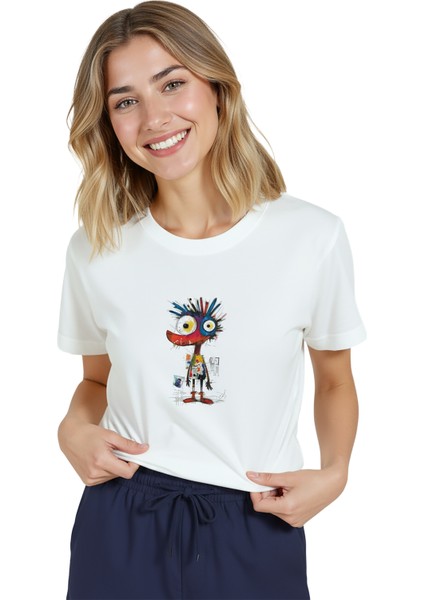 Kadın Beyaz Relaxed Fit %100 Pamuk Tişört – Renkli Soyut Karakter & Çizgisel Baskılı modelleri