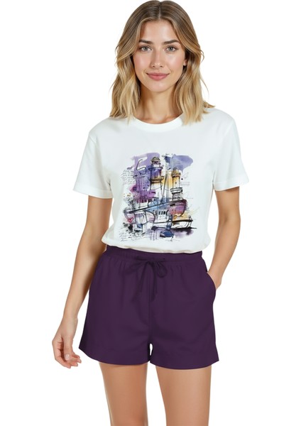 Kadın Beyaz Relaxed Fit %100 Pamuk Tişört – Suluboya Marina & Deniz Feneri Baskılı