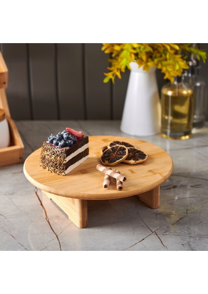 Bambu Ayaklı Yuvarlak Kesme Tahtası - Bej - 29,5X31,5 cm