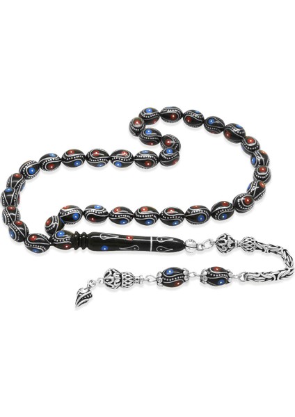 Erzurum Oltu Taşı Tesbih - 925 Ayar Gümüş Kral Püsküllü - Firuze Mercan Işlemeli - Arpa Kesim