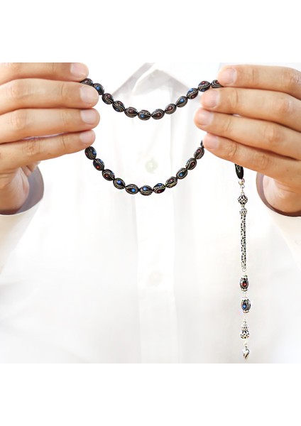 Erzurum Oltu Taşı Tesbih - 925 Ayar Gümüş Kral Püsküllü - Firuze Mercan Işlemeli - Arpa Kesim fırsatları