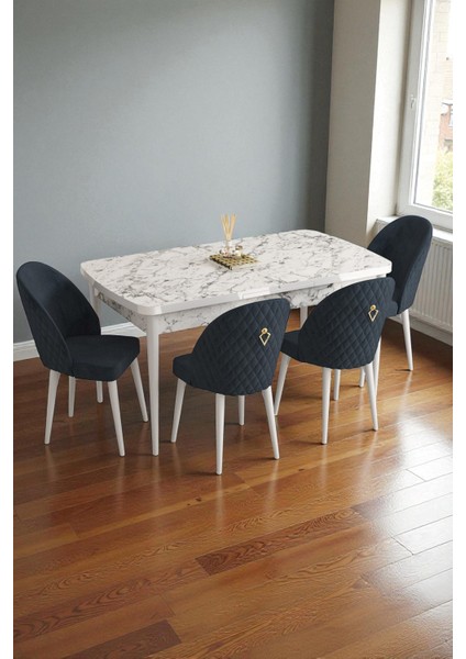 Mura Beyaz Mermer 80X132 Açılabilir Mdf Masa Yemek Odası Takımı, Mutfak Takımı 4 Adet Sandalye