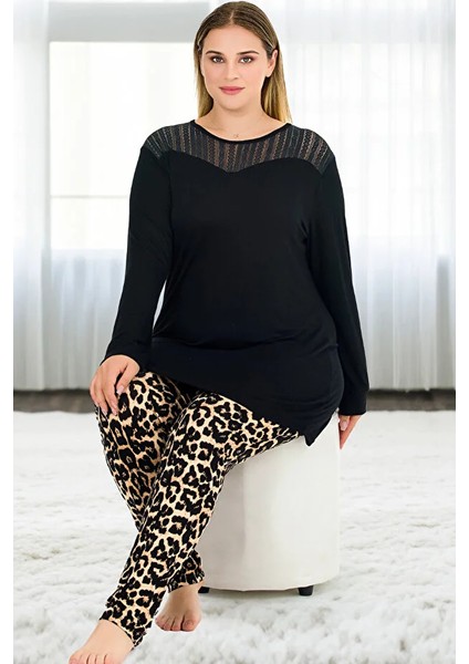 Lady Leopar Desenli Uzun Yumuşacık Kapri Pijama Uzun Kollu Omuzlar Dantelli Viskon Pijama Takımı