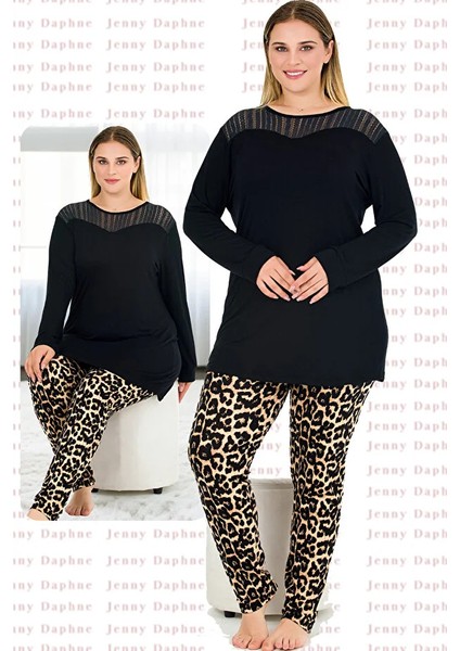 Lady Leopar Desenli Uzun Yumuşacık Kapri Pijama Uzun Kollu Omuzlar Dantelli Viskon Pijama Takımı fiyatları