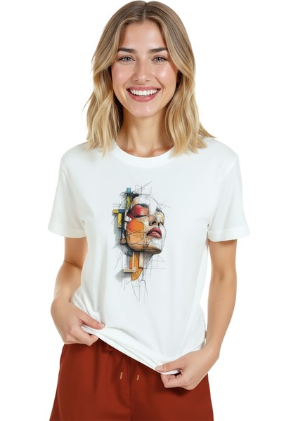 Kadın Beyaz Relaxed Fit %100 Pamuk Tişört – Soyut Çizgisel Portre & Renkli Geometri Baskılı modelleri