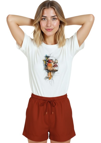 Kadın Beyaz Relaxed Fit %100 Pamuk Tişört – Soyut Çizgisel Portre & Renkli Geometri Baskılı indirimleri