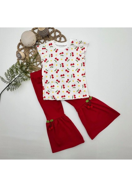 1-2-3-4 Yaş Kiraz Baskılı Tişört Ispanyol Paçalı Likralı 2li Kız Çocuk Takımı Kırmızı indirimleri