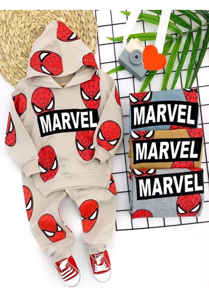 9-12-18-24 Ay Kapşonlu Örümcek Adam Baskılı Uzun Kollu 3lü Kız Erkek Bebek Takımı Hardal