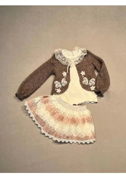 1-2-3 Yaş Brode Etekli Örme Hırkalı Uzun Kollu Sweat 3lü Kız Çocuk Takımı Kahverengi