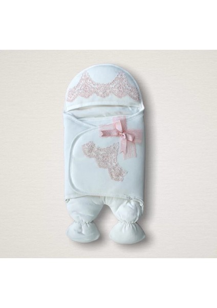Yenidoğan Fistolu Fiyonk Kurdelalı Şapkalı Lüks Kız Erkek Bebek Ayaklı Kundak Bebek Battaniyesi Pembe